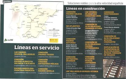 Páginas de la revista de Adif en las que se omite la línea Ourense-Santiago.