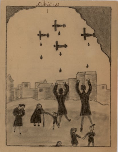 Mercedes, a 13 -year -old girl, draws a bombing of the Spanish Civil War. The bombs are shaped like tears.