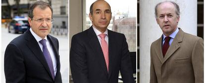 El exconsejero -y brevemente presidente- de Abengoa, Antonio Fornieles (izquierda); el exconsejero delegado Manuel Sánchez Ortega (centro), y el expresidente de la compañía Felipe Benjumea (d).