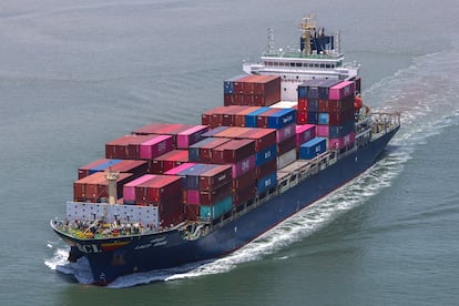 A container ship is seen near the Hai Phong International Container Terminal, after U.S. President Donald Trump announced a 90-day pause on tariffs for many countries, in Hai Phong, Vietnam, April 16, 2025