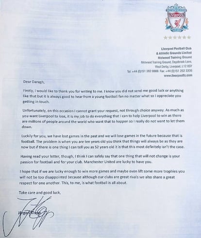 Respuesta de Jürgen Klopp, entrenador del Liverpool, al joven aficionado del Manchester United.