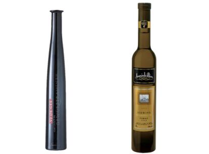 A la izquierda, botellas de la bodega canadiense Inniskillin y del <i>vi de gel </i>elaborado en Cataluña.