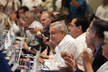 El presidente de México, Andrés Manuel López Obrador, durante su participación en la Cumbre de Alcaldes de América del Norte en Baja California Sur (México).  