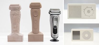 A la izquierda, evolución del prototipo de una afeitadora. A la derecha, un iPod y la radio T3 en la que se inspiró Apple.