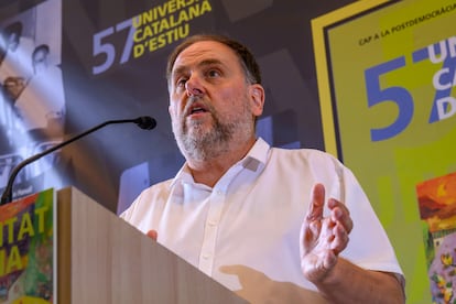 El líder de ERC, Oriol Junqueras, este lunes, en una conferencia en la Universitat Catalana d'Estiu (UCE) en Prades (Francia).