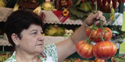 Una 'baserritarra' muestra los tomates que ha puesto a la venta en el mercado del Último Lunes de Gernika.