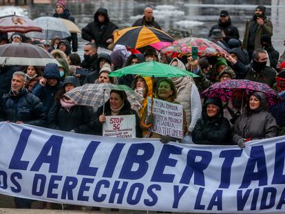 Un grupo de manifestantes, en la concentración convocada por el centro de la capital contra las medidas impuestas y la crisis sanitaria de la covid-19, este sábado en Madrid.