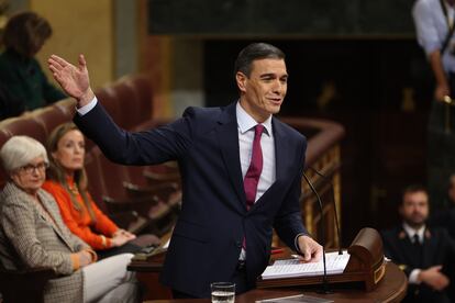 El presidente del Gobierno en funciones, Pedro Sánchez, durante su intervención en el debate de investidura.