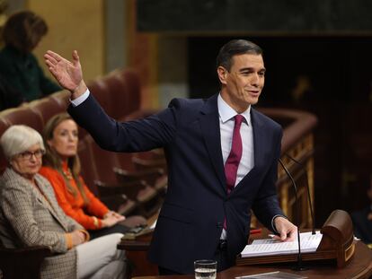 El presidente del Gobierno en funciones, Pedro Sánchez, durante su intervención en el debate de investidura.