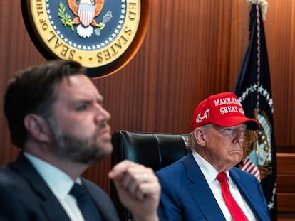 In this image provided by the White House, President Donald Trump, right, and Vice President JD Vance sit in the Situation Room, Saturday, June 21, 2025, at the White House in Washington. (The White House via AP)