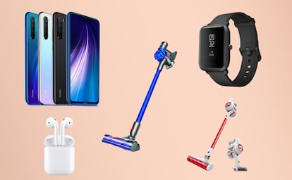 De izquierda a derecha: Xiaomi Redmi Note 8, AirPods 2, aspiradora Dyson V7, 'smartwatch' Xiaomi Amazfit y aspiradora Xiaomi JIMMY.