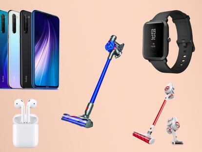 De izquierda a derecha: Xiaomi Redmi Note 8, AirPods 2, aspiradora Dyson V7, 'smartwatch' Xiaomi Amazfit y aspiradora Xiaomi JIMMY.