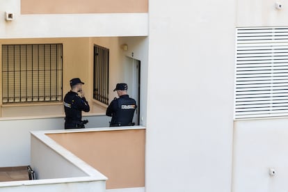 Miembros de la Policía Nacional controlan el acceso a la vivienda donde esta madrugada ha sido asesinada una mujer en la localidad malagueña de Benalmádena.