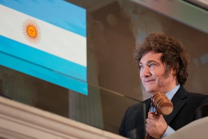 El presidente de Argentina, Javier Milei, en la apertura de la sesión de la Bolsa de Nueva York, el pasado 23 de septiembre.