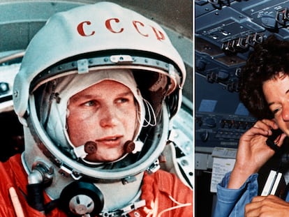 Tereshkova, a la izquierda, en la cápsula Vostok en junio de 1963. A la derecha, Sally Ride se comunica con la sala de control desde el Challenger.