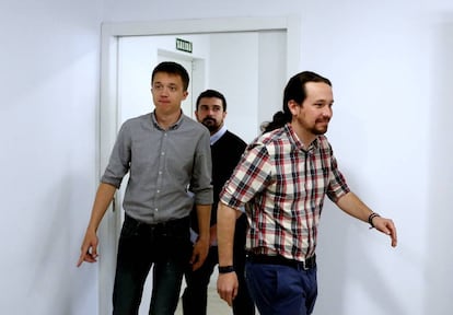 El secretario general de Podemos, Pablo Iglesias, Iñigo Errejón y Ramón Espinar, el pasado jueves.