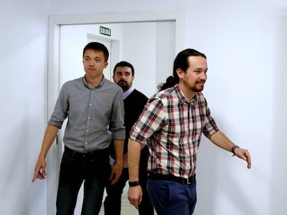 El secretario general de Podemos, Pablo Iglesias, Iñigo Errejón y Ramón Espinar, el pasado jueves. 