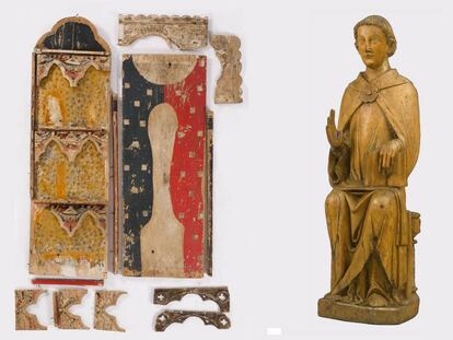 Los fragmentos del retablo tabernáculo una vez restaurados y la escultura del MNAC.