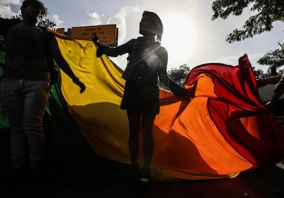 Miembros de la comunidad LGTB india celebran el fallo del Tribunal Supremo de la India sobre las relaciones homosexuales en Bombay (India).