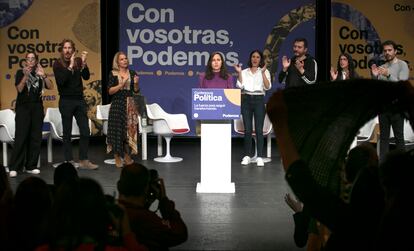 Ione Belarra, durante su discurso en el acto de Podemos este sábado en Madrid. 