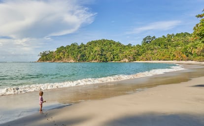 Playa de Manuel Antonio (Costa Rica). Ubicada dentro de un parque nacional, este es un arenal pintoresco con aguas cálidas y tranquilas y arena blanca y suave, rodeado de exuberante vegetación y mucha vida silvestre. En muchas ocasiones se pueden ver animales como monos o pelicanos.