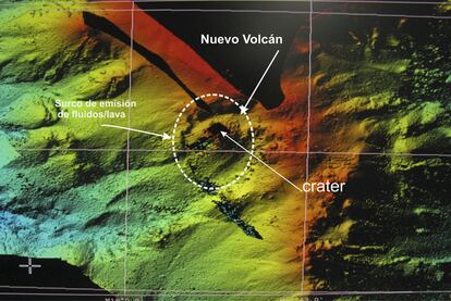 Imagen del Instituto Español de Oceanografía con el volcán y la fisura en el fondo marino de El Hierro.