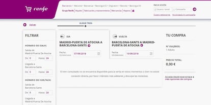 Aviso en la página web de Renfe al intentar comprar un billete del AVE Madrid-Barcelona para el mes de junio.