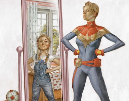 Cover detail from one of the many editions of ‘Captain Marvel’ by Marguerite Sauvage, Margaret Stohl and Carlos Pacheco.