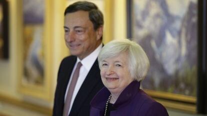 Mario Draghi, presidente do BCE, e Janet Yellen, presidenta do Banco Central dos EUA.