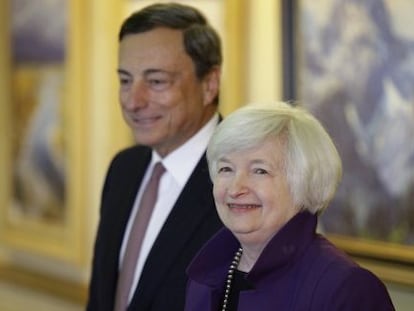 Mario Draghi, presidente del BCE, y Janet Yellen, presidenta de la FED.