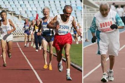 El rumano Dumitru Radu (foto de la izquierda) encabeza la final de los 5.000 metros. Rosario Iglesias, <i>Chayito,</i> de 95 años (foto de la derecha), en la final de los 100m.
