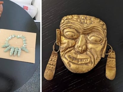 Una máscara de oro de la cultura Tumaco y otras piezas, entre los 76 objetos arqueológicos que regresaron este domingo a Colombia.