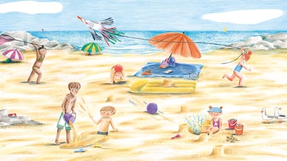 Ilustración de interior del libro infantil 'Vamos a la playa', de Verónica Fabregat, editado por Akiara Books.