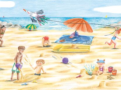 Ilustración de interior del libro infantil 'Vamos a la playa', de Verónica Fabregat, editado por Akiara Books.