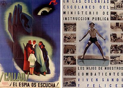 Algunos de los carteles de la Fundación Pablo Iglesias que se exponen hasta el 21 de febrero en el Círculo de Bellas Artes de Madrid. De izquierda a derecha: <i>¡Callad,</i> <i>el espía os escucha!,</i> de J. Briones (1938); <i>En las colonias escolares,</i> de Mauricio Amster (1938);