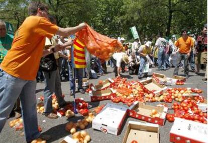 Agricultores convocados por Asaja tiran sus productos ante el Ministerio de Economía para reclamar medidas contra el alza del gasóleo y el encarecimiento de los fertilizantes.