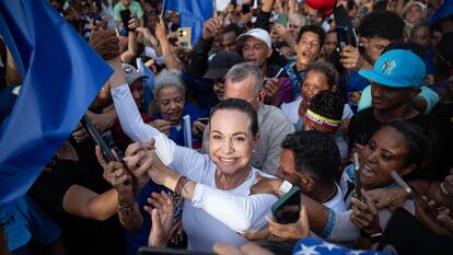 María Corina Machado el 31 de mayo en un acto de campaña en Guatire (Venezuela).