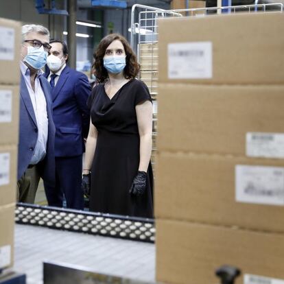 The president of the Community of Madrid Isabel Diaz Ayuso visits the facilities of the company for the distribution of cofares medicines in Mostoles Madrid 06 May 2020