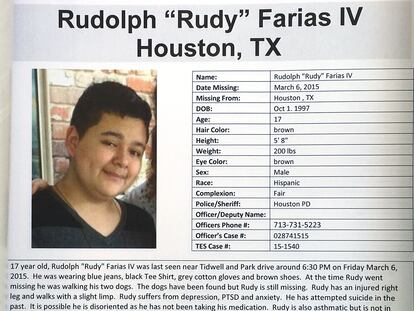 A missing poster for Rudolph "Rudy" Farias IV is shown during the Missing Person Day event at City Hall Sunday, Jan. 31, 2016, in Houston.