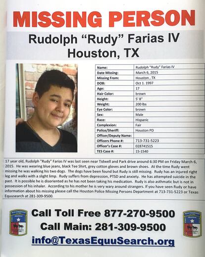 A missing poster for Rudolph "Rudy" Farias IV is shown during the Missing Person Day event at City Hall Sunday, Jan. 31, 2016, in Houston.