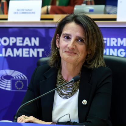 Brussels (Belgium), 12/11/2024.- European Commission's Executive Vice-President-designate for Clean, Just and Competitive Transition, Teresa Ribera, attends her confirmation hearing before the European Parliament committees in Brussels, Belgium, 12 November 2024. (Bélgica, Bruselas) EFE/EPA/OLIVIER HOSLET
