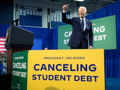 President Joe Biden departs after delivering remarks on student loan debt at Madison College, Monday, April 8, 2024, in Madison, Wisconsin.
