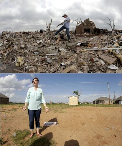 Es esta combinación de fotos, Abby Cotten camina entre los escombros de la casa de sus padres, 25 de mayo de 2013, varios días después del paso del tornado. Abajo, Cotten visita el mismo lugar el 8 de mayo de 2014.