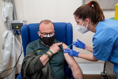 A civil guard is given a Covid-19 vaccine in Valencia in this file photo from March.
