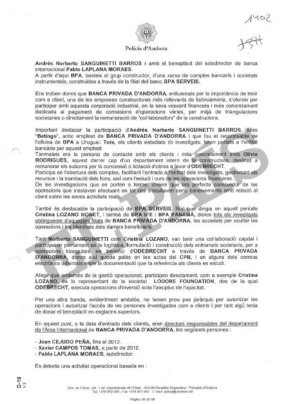 Informe de la Policía de Andorra que menciona la vinculación en el caso Odebrecht del exreponsable de la BPA en Uruguay, Andrés Norberto Sanguinetti, Betingo.
