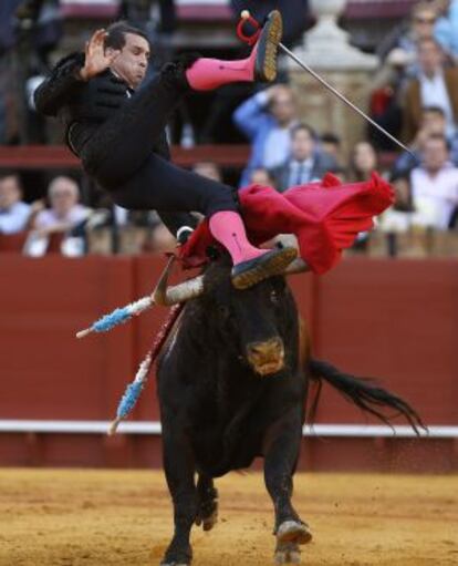 Manzanares es volteado por su segundo toro. 