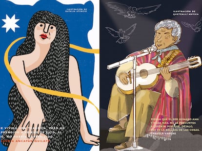 A la derecha, una ilustración de la cantante Chavela Vargas y a la izquierda, Claudia Ancapán Quilape, ambas aparecen en el libro ‘Cuentos para niñas rebeldes’.
