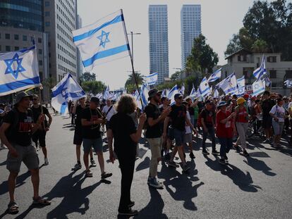 Manifestación en Tel Aviv este domingo, cuando se cumplen nueve meses del inicio de la guerra, claman contra Netanyahu y por la liberación de los rehenes secuestrados por Hamás.