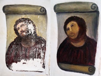 Ecce Homo, by Garc&iacute;a Mart&iacute;nez: The original (l), and the &quot;restoration&quot; (r).
 