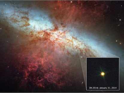 La supernova SN 2014J fotografiada por el telecopio &#039;Hubble&#039; el pasado 31 de enero y ampliada sobre la imagen-mosaico de la galaxia M82 que capt&oacute; el mismo observatorio espacial en 2006. 